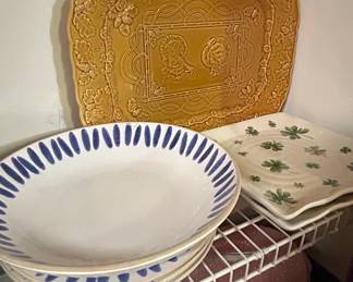 Bordallo Pinheiro Turkey Yellow Majolica Platter and Blue Stripe Plates
