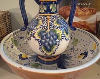 Vintage Tuscan Style Hand Painted Ceramic Pitcher and Basin Set with Grape Motif
