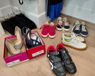 Peloton riding shoes, Taos sneakers & Cariuma sneakers! All brand new! Beautiful Naturalizer heels! Tons of Black Felt hangers as well!