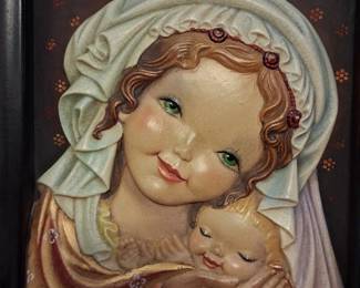 Anri carved wooden relief of Madonna and Diadem