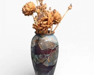 49 TallGlazedArtPotteryFloorVasewDriedFloralArrangement