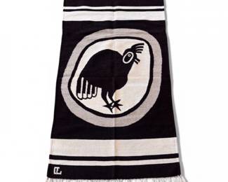 7 BlackWhiteWoolRugBirdDesignFringe