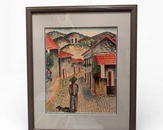 26 SignedMexicanVillageStreetScenewRedTileRoofsFramed