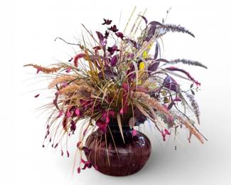 19 LargeBlownGlassPlumVasewFauxFoliageArrangement