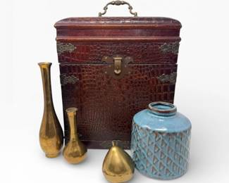 81 VintageWineCarrierBrassVasesWestElmBlueGlazedVase