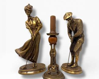 29 VintageLacqueredBrassTrioLadyManGolferAnimalCandlestick