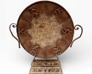 77 LargeRoundTexturedMetalArtSculptureOnPedestalBase