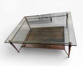 65 LargeHeavyGlassTopCoffeeTablewSculptedMetalBaseWoodShelf