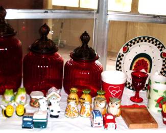 RED CANISTERS, SALT AND PEPPER SHAKERS