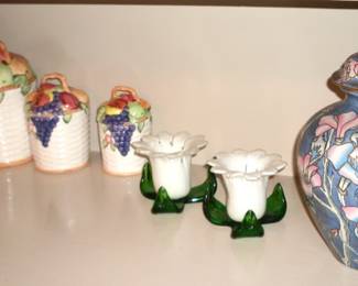 GINGER JAR, CANISTERS, GLASS FLOWERS