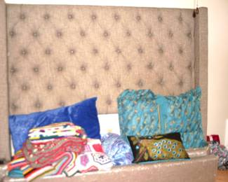 TALL UPHOLSTERED BED, AFGHANS, PEACOCK ITEMS