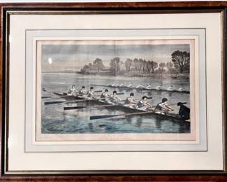 Original Antique Hand Colored Engraving - Oxford Cambridge Boat Race