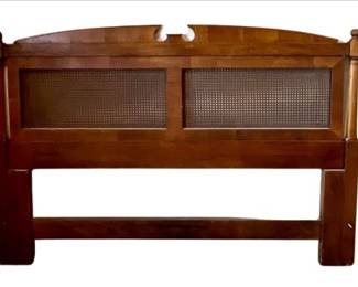 Henredon Headboard & Bed Frame With Open Pediment Design, Framed Caning Inserts & Side Columns