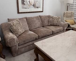 Anderson & Daishi, Inc, La Granada Marble Top Coffee Table, End Table, Sofa Table, Plush Sofa and Matching Swivel Chair