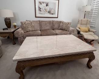 Anderson & Daishi, Inc, La Granada Marble Top Coffee Table, End Table, Sofa Table, Plush Sofa and Matching Swivel Chair