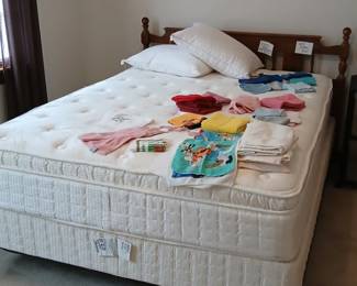 Queen mattress, box spring, bed frame, linens