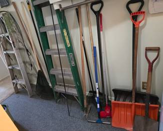 4' aluminum ladder, 6' fiberglass ladder, shovels, rakes, brooms, mop, other tools