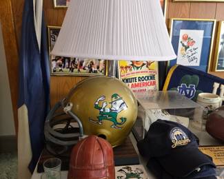 Notre Dame helmet lamp, mini leather helmet, ballcaps, coasters, shot glasses
