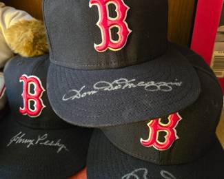 Boston Red Sox autographed hats Piersall, DiMaggio, Petrocelli, Pesky, Lonberg, Doerr, Tiant