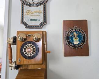 Crosley retro remake antique phone, Air Force clock, pub clock