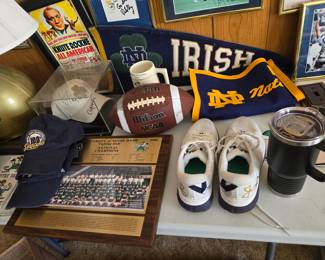 Notre Dame team photo, shoes, mug, penant, banner, autographed hat