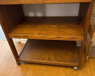 Solid oak microwave stand on wheels. Sturdy