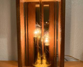Vintage Don Ward oak & brass etched-glass table lamps, 1970s–80s. Matching pair, working condition.