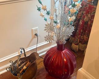 Copper Fireplace Bucket & Glass Decor with Artificial Arrangement