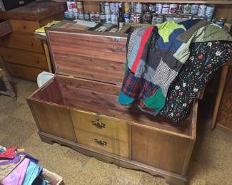 Cedar chest and nice large crazy quilt 