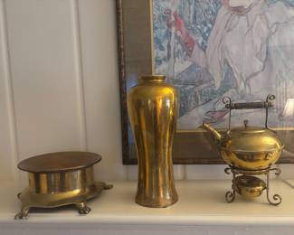 Brass spittoon vase and tea kettle vintage 
