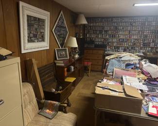 small bookcases baseball bats vintage lamps