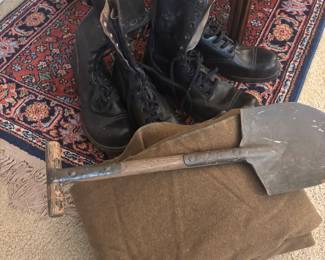 1945 combat boots, wool blaket and military shovel