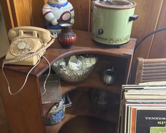 vintage corner shelf vintage rotary phone punch bowl set vintage crockpot cookie jar and more