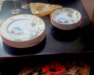 jr footstool, table, glassware