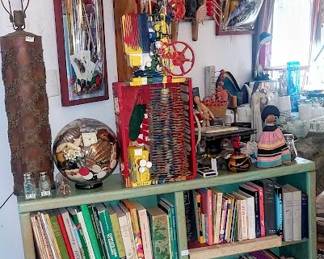 JR bookcase and assemblage art