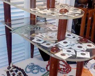 JR Mid Century Lucite  Wood Table, jewelry, pocket knives