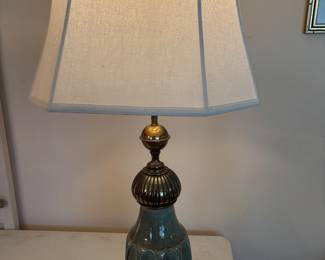 MCM Stiffel jade green porcelain and brass lamp