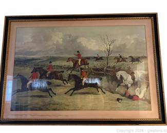 Framed and Matted Scene of Men on Horses Jumping a Fence