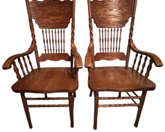 Pair of Vintage Pressed Back Wooden Arm Chairs