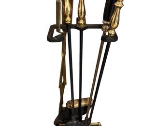 Iron and Brass Fireplace Tool Holder with 5 Tools