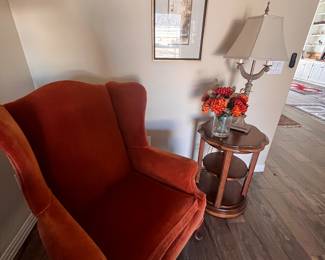 Wingback chair, lamp and side table