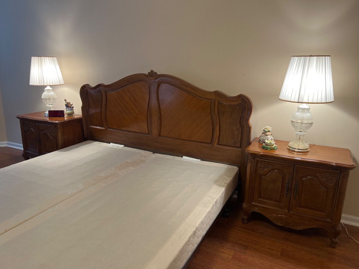King Headboard and Rails $200 Twin boxsprings $45 each End tables $200 pair