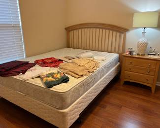 Queen headboard and rails $150 Queen Matress and Boxspring $150 Nightstand $45