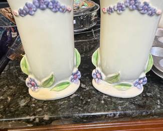Pair of Vintage Shawnee Pottery Vases with Floral Appliques