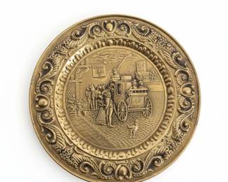 Vintage Peerage England Embossed Brass Wall Plate with Stagecoach Scene