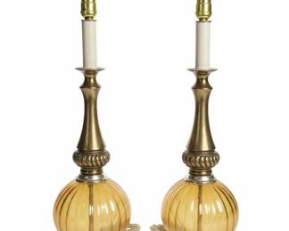 Vintage Hollywood Regency Amber Glass and Brass Table Lamps Pair