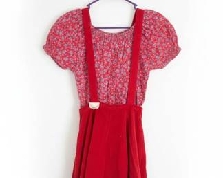 Vintage Childrens Red Floral Print Pinafore Dress with Fabric Covered Buttons fourth image