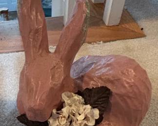 Pink Paper Mache Bunny Figurine with Flowers second image