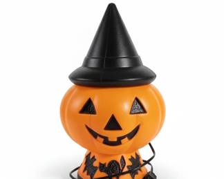 Vintage Halloween JackoLantern Blow Mold with Witch Hat, Cats, and Bats