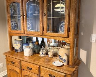 Oak hutch with Currier and Ives dishes